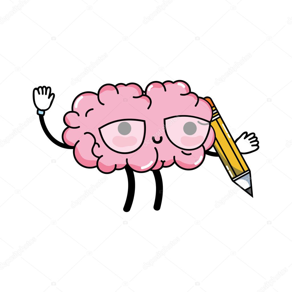 kawaii happy brain with pencil tool vector illustration
