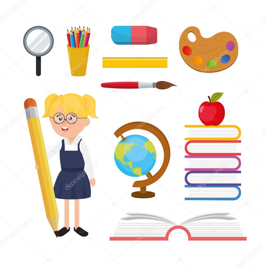 set girl student with education school utensils vector illustration