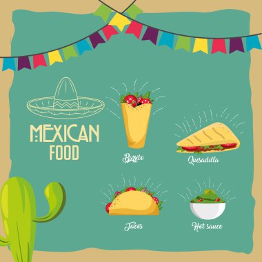 Taco quesadilla ve börek Meksika yemeği aperatif ve menü tema vektör çizim