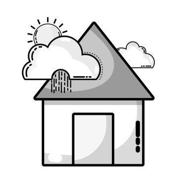 gri tonlamalı yağmur bulutları ile ev ve tropikal hava vektör çizim güneş