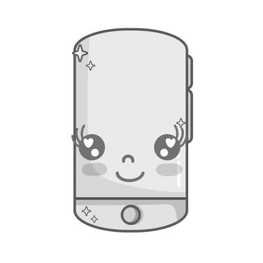 gri tonlamalı kawaii şirin mutlu smartphone teknoloji vektör çizim