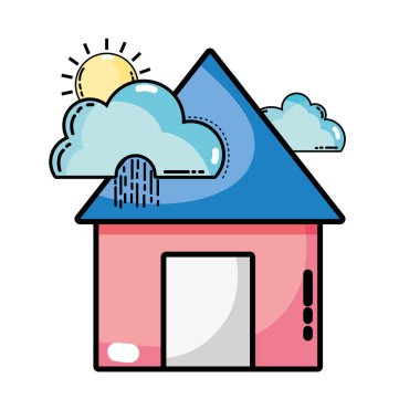 yağmur bulutları ile ev ve tropikal hava vektör çizim güneş