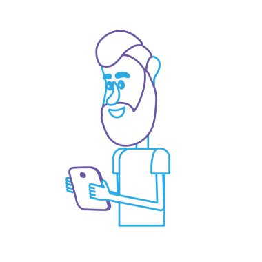 satır güzel adam saç modeli ve el vektör çizim içinde smartphone