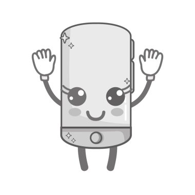 gri tonlamalı kawaii şirin mutlu smartphone teknoloji vektör çizim