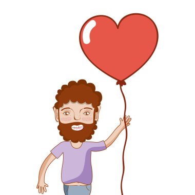 adam sakallı ve kalp balon elinde vektör çizim ile