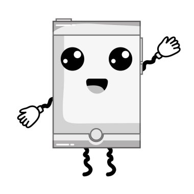 gri tonlamalı kawaii şirin mutlu smartphone teknoloji vektör çizim