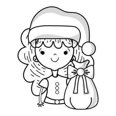 şapka ve Noel çanta vektör çizim satırı güzel kızla
