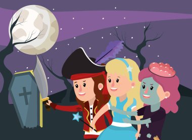 Cadılar Bayramı customes gece karikatürler, çocuklarla illüstrasyon grafik tasarım vektör