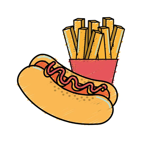 Delicioso Hot Dog Con Sabrosas Patatas Fritas Francés Vector Ilustración — Vector de stock