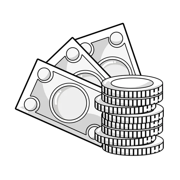Linea Banconote Monete Contanti Moey Valuta Vettoriale Illustrazione — Vettoriale Stock