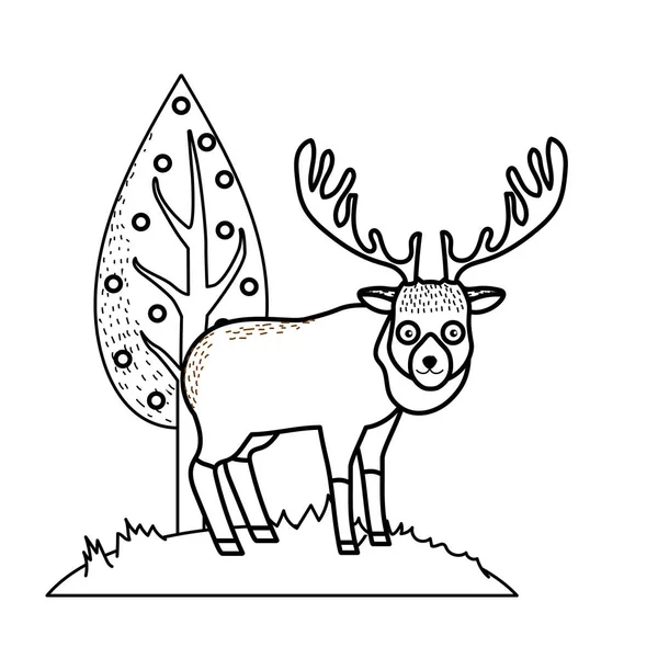 Linia Ładna Elk Dzikie Zwierzę Obok Drzewo Ilustracja Wektorowa — Wektor stockowy