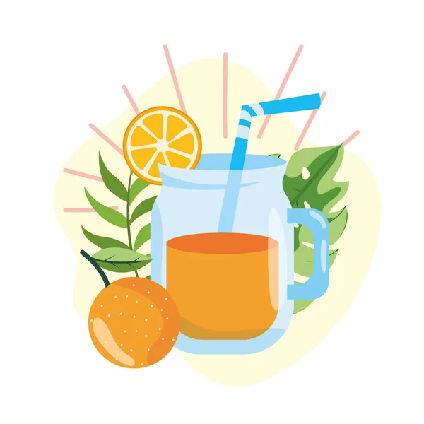 Orangensaft Mit Tropischen Blättern Sommer Vektor Illustration — Stockvektor