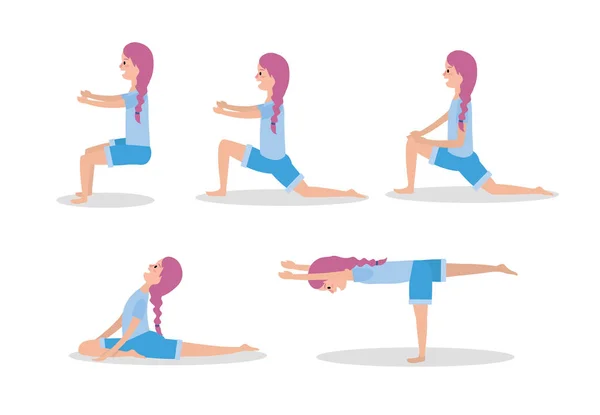 Kadın Pratik Yoga Egzersiz Poz Vektör Çizim Ayarla — Stok Vektör