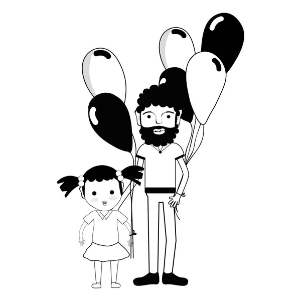 Contour Father His Daughter Balloons Vector Illustration — Stock Vector