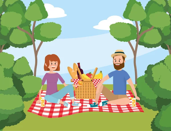 Vrouw Man Met Mand Picknick Bomen Vectorillustratie — Stockvector