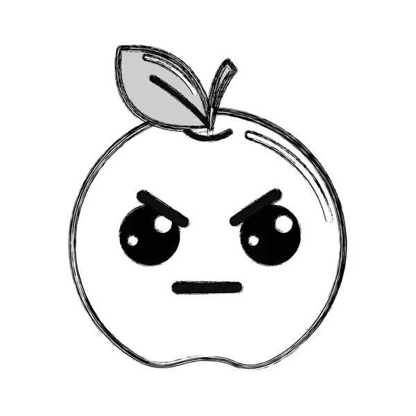 剪影卡瓦伊漂亮愤怒的苹果水果 矢量插图 — 图库矢量图片