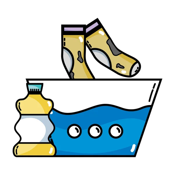 水のバケツと漂白剤の瓶と汚れた靴下 — ストックベクタ