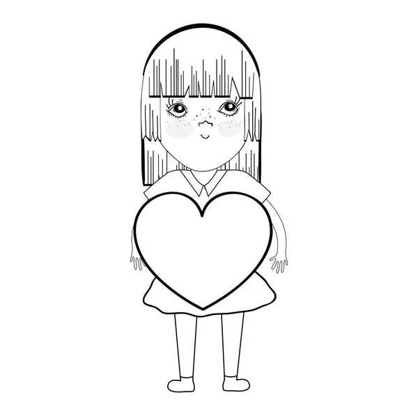 Рисунок Симпатичной Девушки Сердцем Руке Повседневной Одежде Векторная Иллюстрация — стоковый вектор