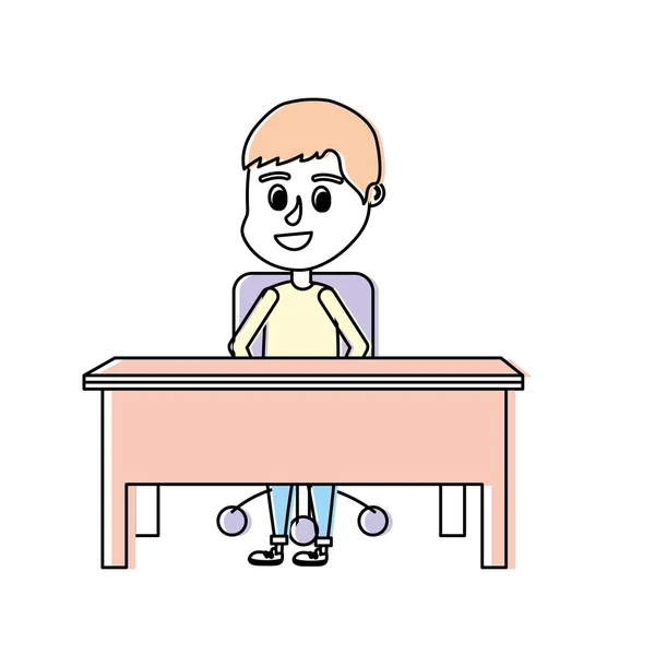 Niño Estudiante Sentado Escritorio Madera Vector Ilustración — Vector de stock