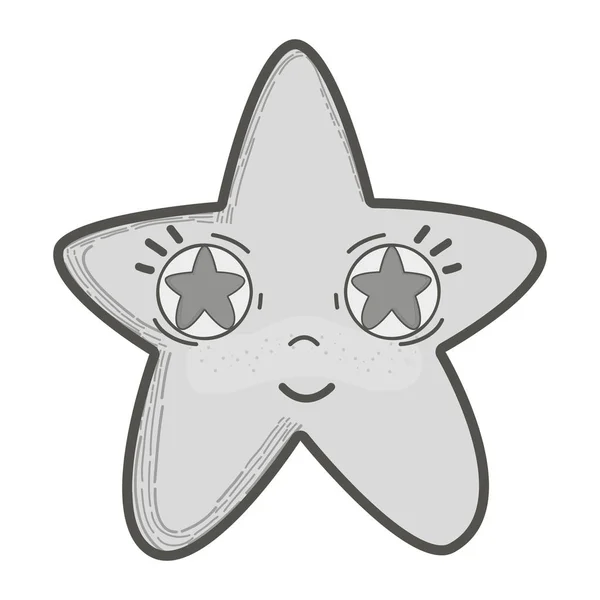 Escala Grises Kawaii Feliz Estrella Con Estrellas Dentro Los Ojos — Vector de stock