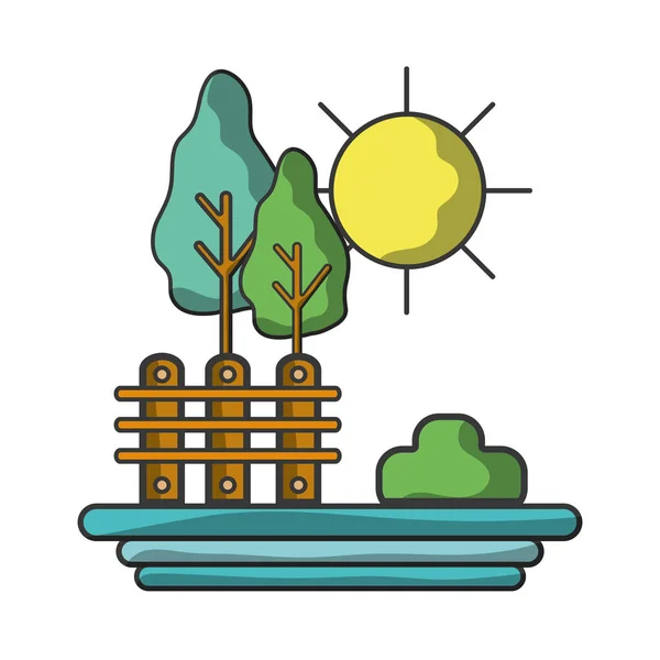 Madeira Grade Com Árvores Ilustração Vetor Sol —  Vetores de Stock