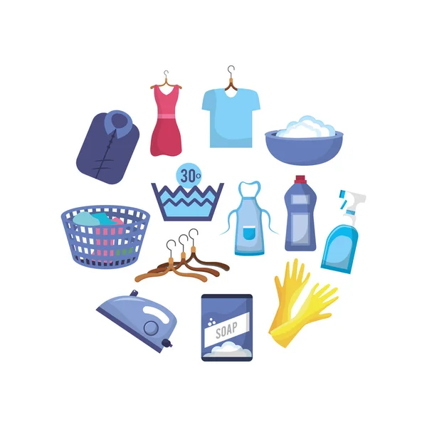Wäschegeräte Auf Das Waschen Des Wäschevektors Einstellen Illustration — Stockvektor