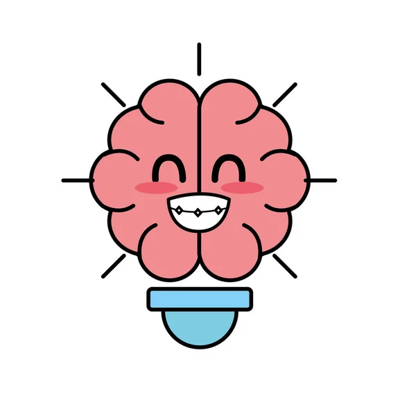 Kawaii Lindo Bombilla Cerebral Idea Vector Ilustración — Vector de stock