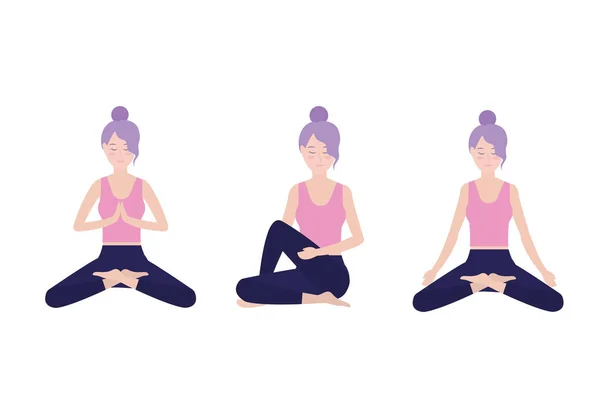 Ställa Kvinna Öva Yoga Meditation Vektorillustration — Stock vektor