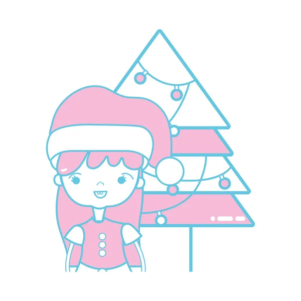 女孩与圣诞节衣服和松树与灯向量例证 — 图库矢量图片