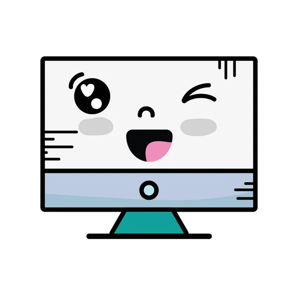 Kawaii Cute Happy Computer Technology Vector Illustration — Stock Vector