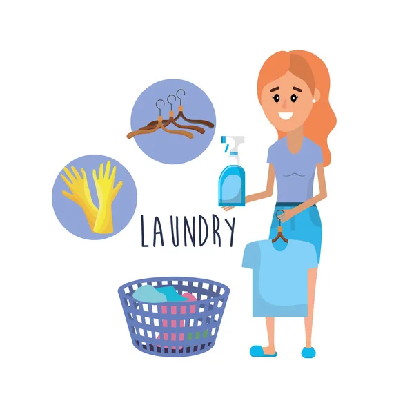 Laundry Equipment Woman Doing Domestic Job Vector Illustration — Stock Vector