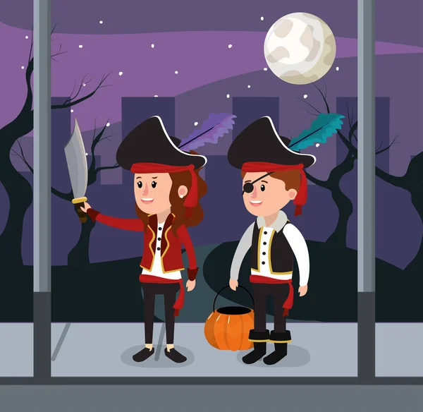 Niños Con Trajes Halloween Noche Dibujos Animados Vector Ilustración Diseño — Archivo Imágenes Vectoriales