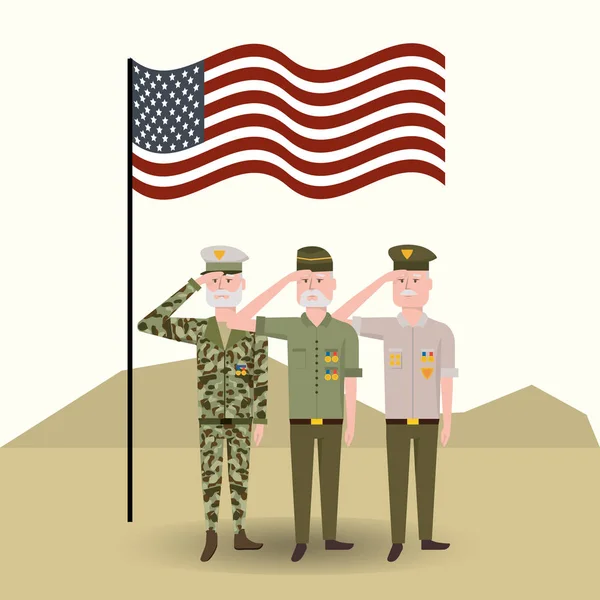 Usa Flagga Med Veteraner Militära Soldater Vektor Illustration — Stock vektor