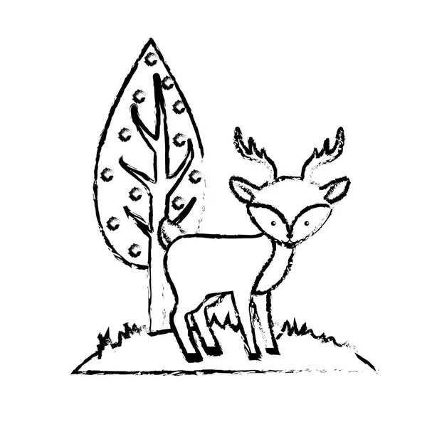 Figur Niedlich Hirsch Wildes Tier Neben Baum Vektor Illustration — Stockvektor