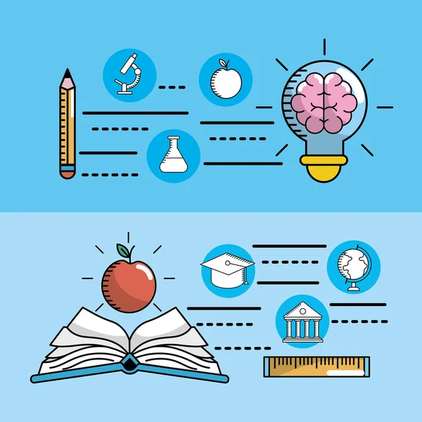 School Gebruiksvoorwerpen Ingesteld Onderwijs Kennis Vectorillustratie — Stockvector