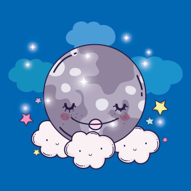 mutlu ay ve yıldız vektör çizim ile şirin kabarık bulutlar