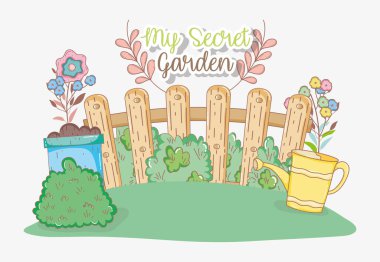 ahşap çit çiçek bitkiler ve sulama olabilir vektör çizim