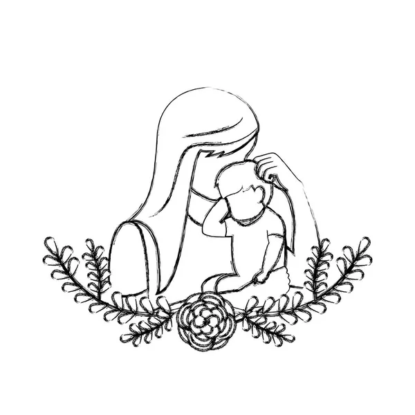 彼女の息子および葉枝の装飾ベクトル図とグランジ母 — ストックベクタ