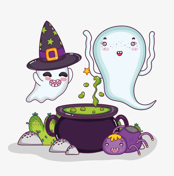Cute ghosts and soup pot halloween cartoons vector illustration graphic design