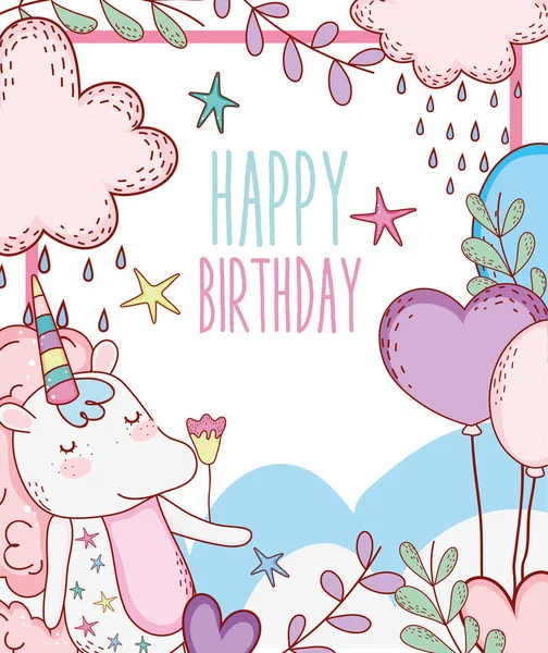 Joyeux Anniversaire Avec Illustration Vectorielle Décoration Animale Licorne — Image vectorielle