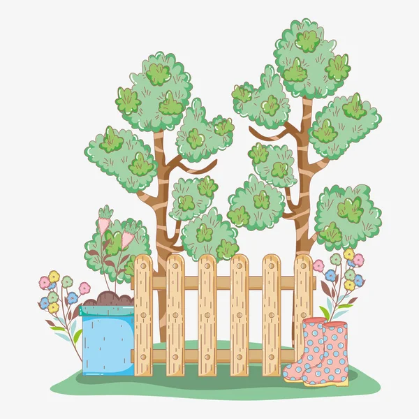 Arbres Avec Clôture Bois Plantes Feuilles Illustration Vectorielle — Image vectorielle