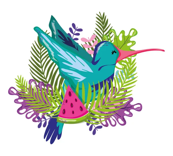 Mooie Exotische Blauwe Vogel Tropische Bladeren Cartoon Vector Illustratie Grafisch — Stockvector