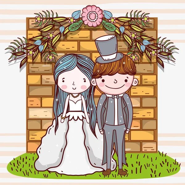 女性と男性の結婚式のれんが造りの壁とベクトル イラスト — ストックベクタ