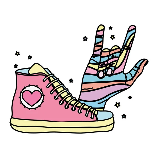 Chaussure Mode Couleur Avec Main Avec Illustration Vectorielle Signe Rock — Image vectorielle