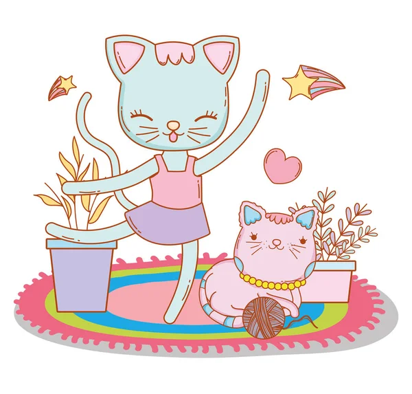 Hembra Gato Bailando Con Amigo Corazón Vector Ilustración — Archivo Imágenes Vectoriales