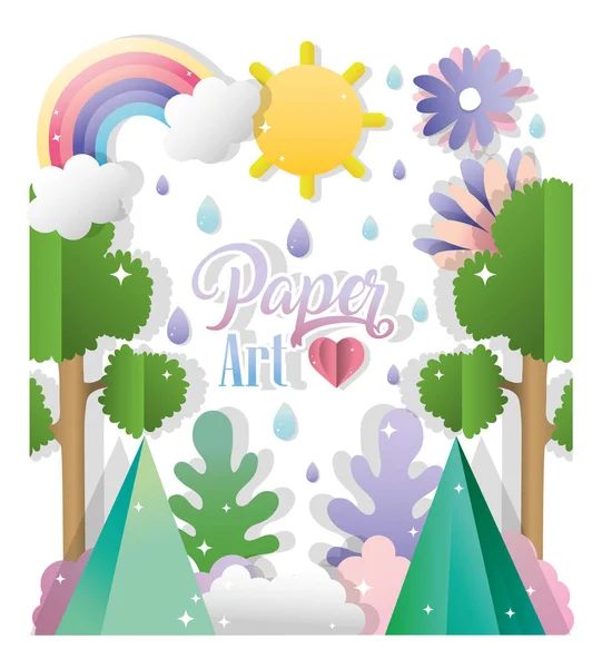 Paper art cartoons with tree flowers and rainbow vector illustration graphic design