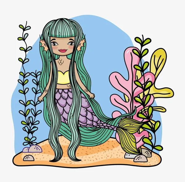 Sirena Mujer Con Pelo Largo Plantas Tropiales Vector Ilustración — Vector de stock