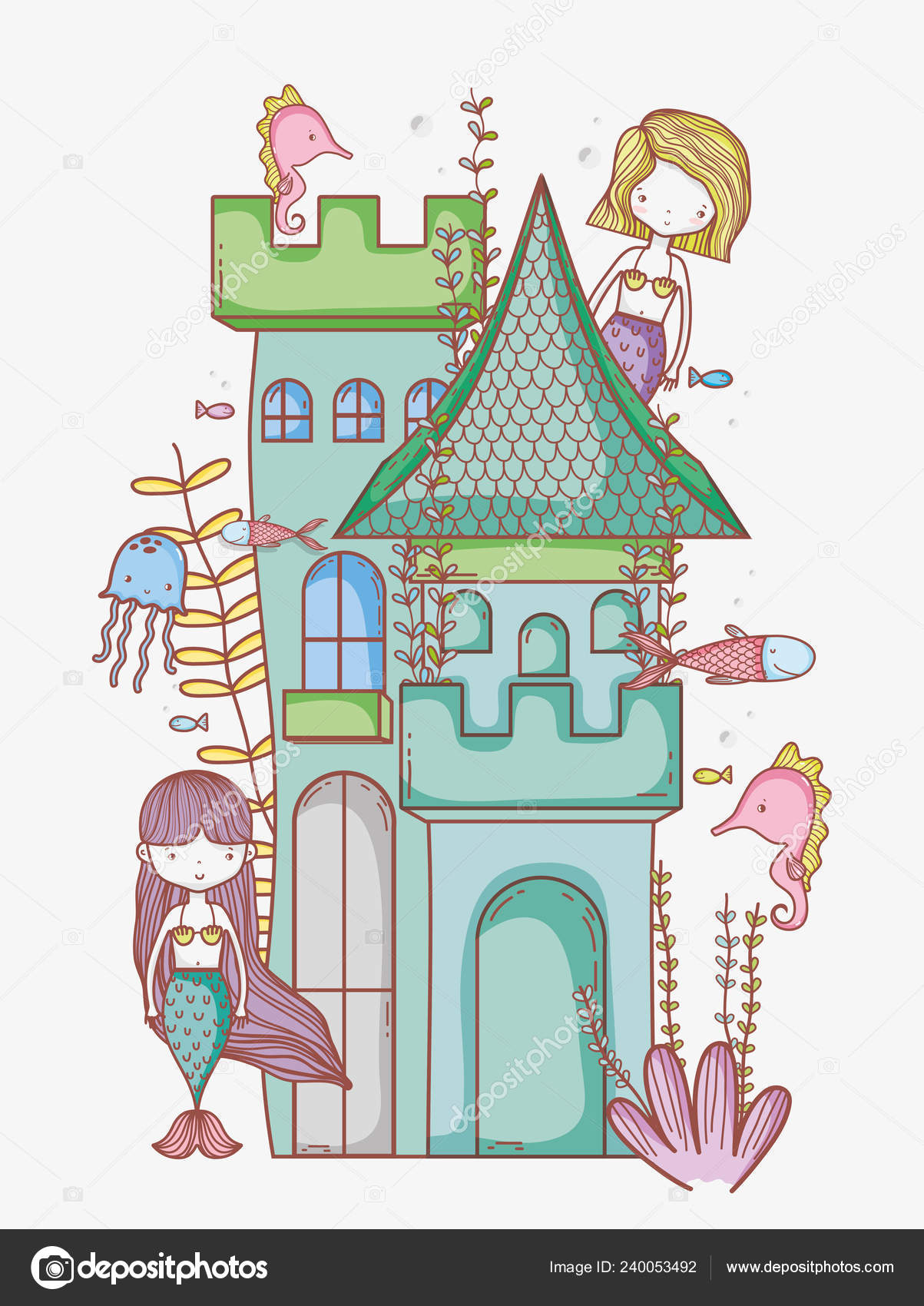 Sereia Castelo Bonito Desenho Animado Colorido Vetor Ilustração Gráfico  Design Vetor de ©stockgiu 240053492, image size:1203x1700