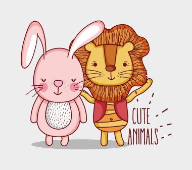 Aslanlar ve tavşan sevimli hayvanlar çizgi film illüstrasyon grafik tasarım vektör
