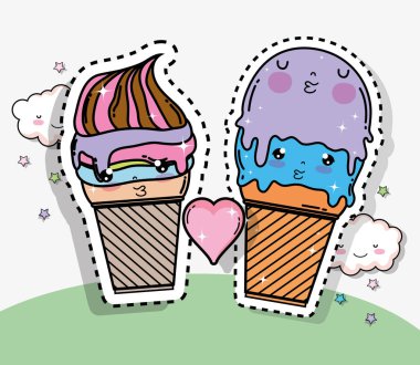 kalp ve bulutlar ile Kawaii dondurma etiket illüstrasyon vektör